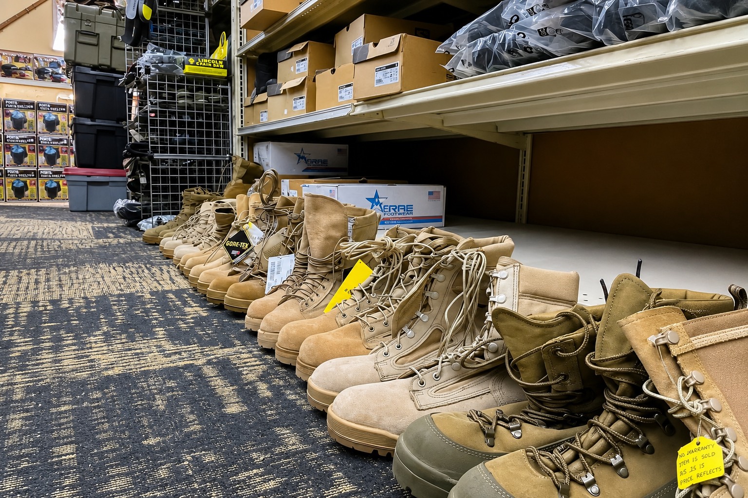Desert tan combat boots lined up by size on the floor at Bossert's, GORE-TEX tags still attached, boot boxes stocked on the shelf above.